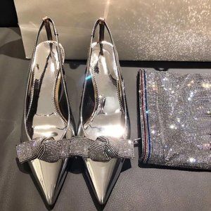 Silver rhinestone pointy heels with hollow points